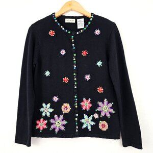 Womens Sz M 8 Christmas Embroidered Cardigan Sweater Winter Holidays Snowflakes